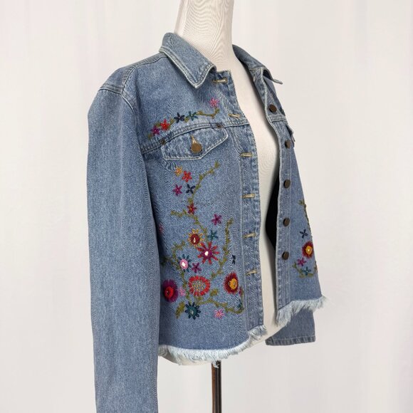 Carole Little Women's Size M Boho Vintage Denim Embroidered Floral Design Jacket - Picture 2 of 8